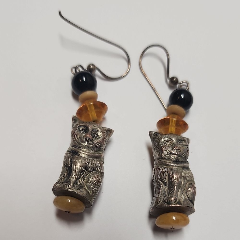 Handcrafted Silver Cat Drop Earrings with Amber and Black Beads